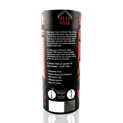 A cylindrical product package with a sleek black and red design showcases the Jailbators Titos Ass Stroker. It features realistic TPE, is phthalate-free, offers ribbed interior for added sensation, is easy to clean, and has additional visible text and suggestions.