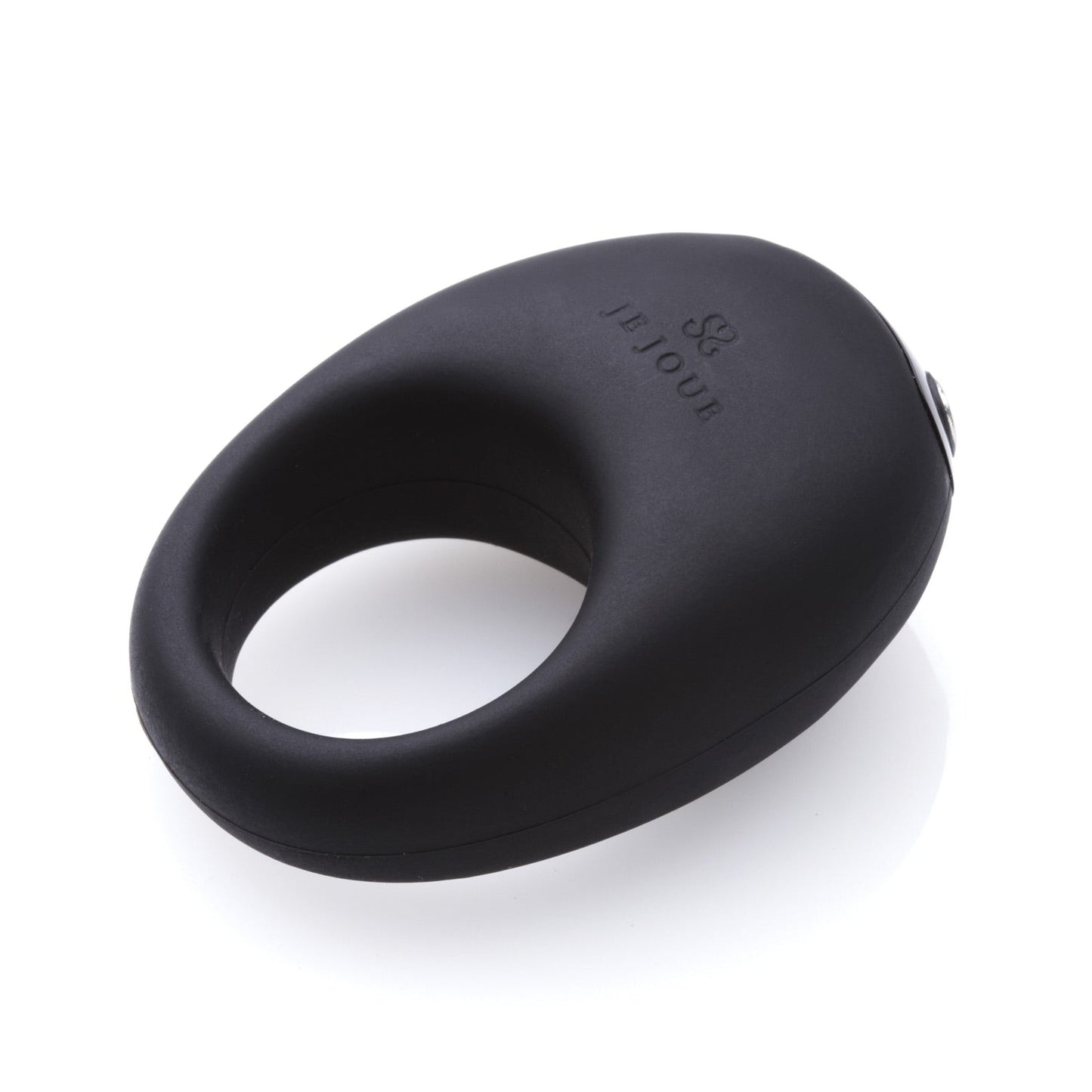 The Je Joue Mio Cock Ring is a sleek, black, oval-shaped rubber personal care device with an attached ring. It features vibrations, a smooth surface, and engraved branding on top.