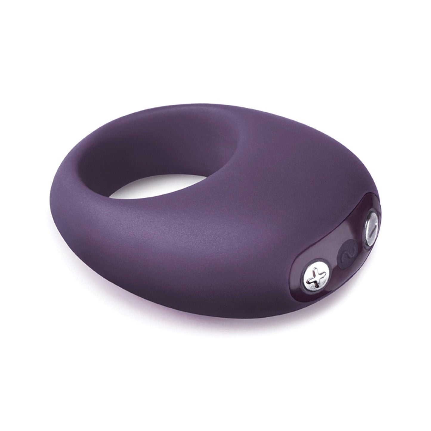 A sleek, dark purple Je Joue Mio Cock Ring with two small buttons offers a smooth, modern design for wearable use. Its vibrating functions indicate it is more than just an accessory from Je Joue.