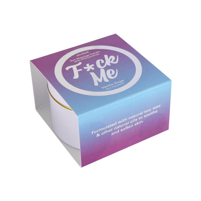The Jelique Massage Candle, Fuck Me Vanilla Sugar, combines gradient purple and blue packaging with a bold label. Made from natural soy wax and oils, it offers soothing scents and doubles as a massage oil to soften skin.