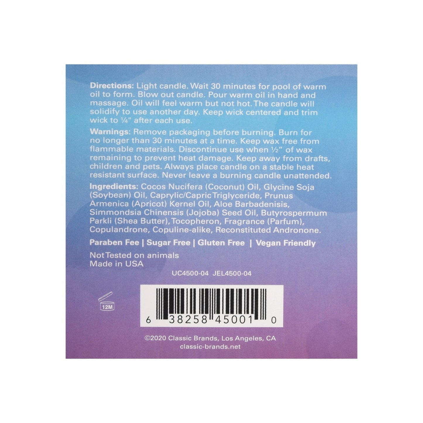 The Jelique Massage Candle - 4 oz Fuck Me Vanilla Sugar box details usage directions and natural ingredients like kinky vanilla. This paraben-free, gluten-free, vegan massage oil is cruelty-free and made in the USA by Los Angeles-based Classic Brands.