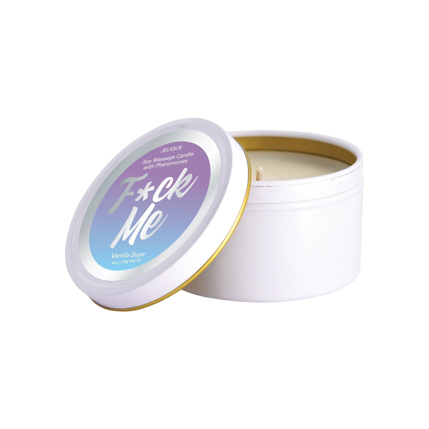 A white tin with a partially open lid reveals a 4 oz Jelique Massage Candle made from natural soy. The lid features a gradient label with bold text and the scent Fuck Me Vanilla Sugar in smaller text below.