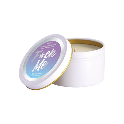 A white tin with a partially open lid reveals a 4 oz Jelique Massage Candle made from natural soy. The lid features a gradient label with bold text and the scent Fuck Me Vanilla Sugar in smaller text below.
