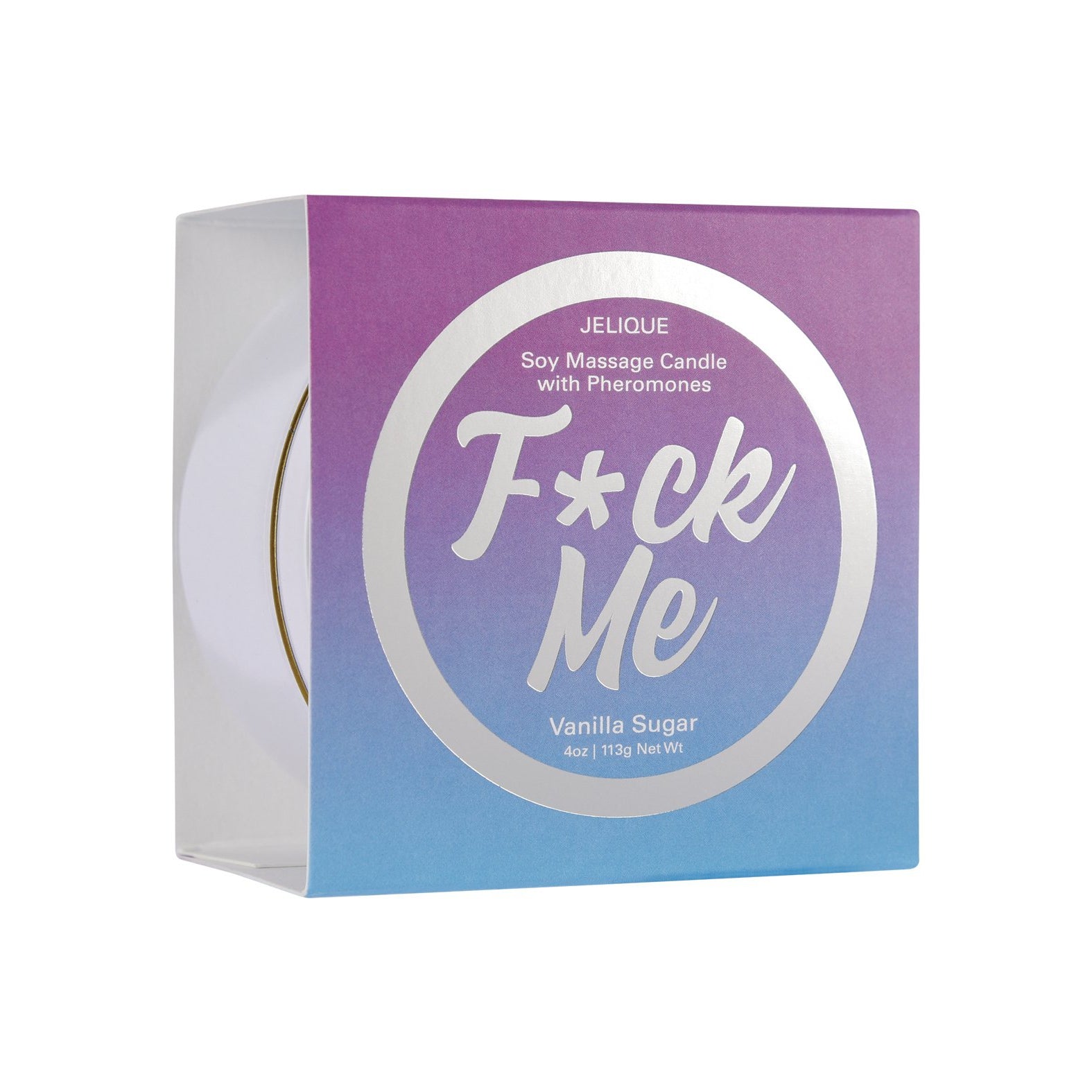 A gradient box with purple and blue hues, bold F*ck Me text in the center. Details include Jelique Massage Candle - 4 oz Fuck Me Vanilla Sugar, crafted with natural ingredients for a sensual experience by Jelique.