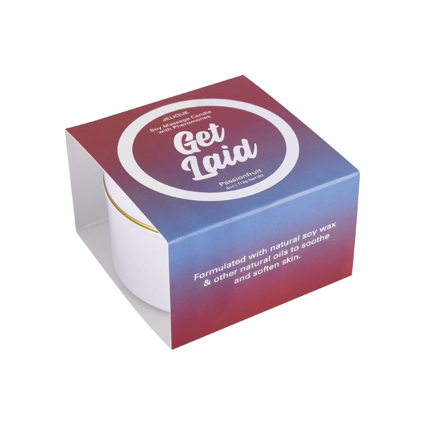The Jelique Massage Candle - 4 oz Get Laid Passion Fruit comes in a red-to-blue gradient box labeled Get Laid. Made with vegan-friendly soy wax and infused oils, this scented massage oil candle soothes and softens skin for a perfect relaxing evening.