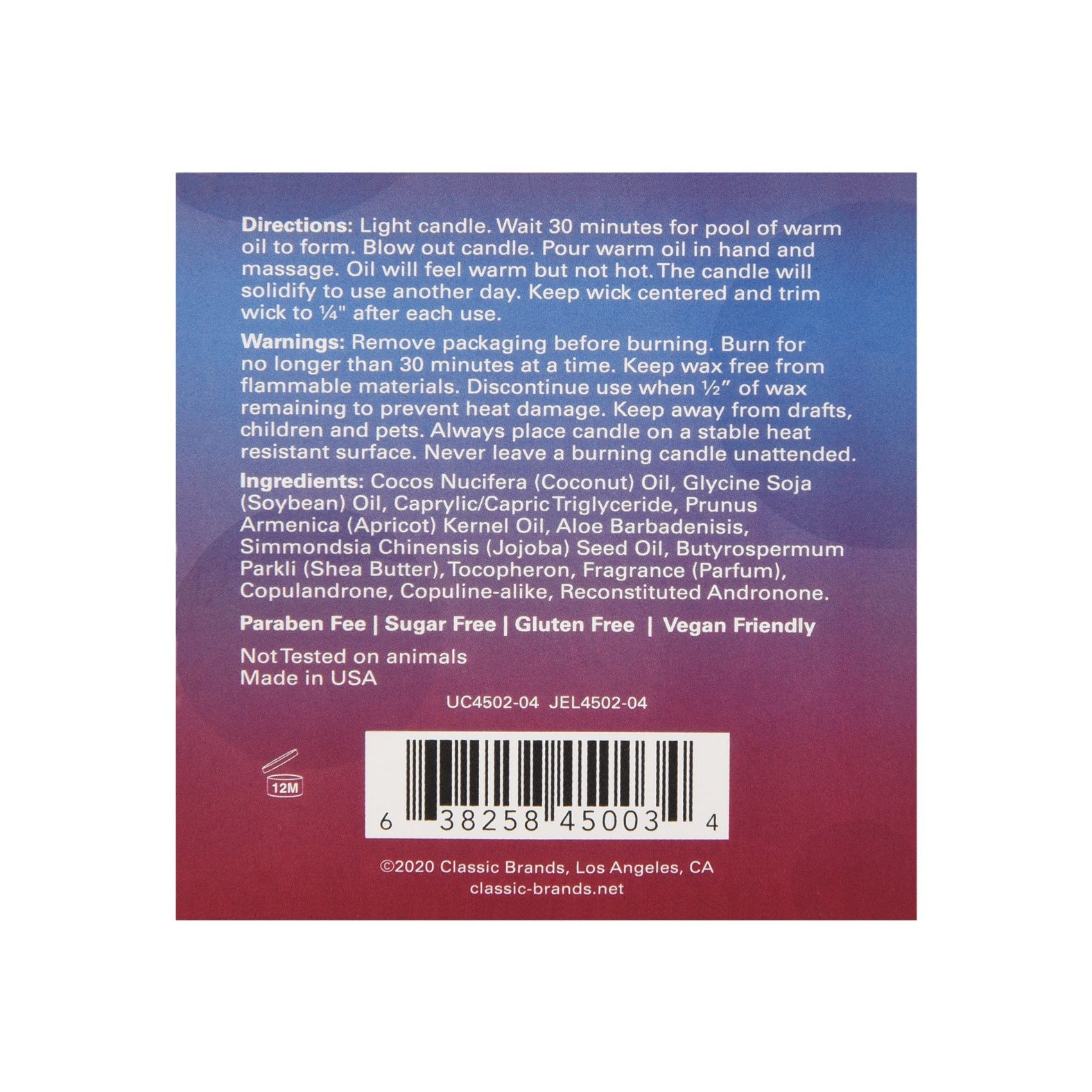 The image shows the back of a Jelique Massage Candle - 4 oz Get Laid Passion Fruit packaging with detailed directions, safety warnings, and ingredients. It emphasizes that the product is paraben-free, sugar-free, gluten-free, vegan-friendly, and cruelty-free.