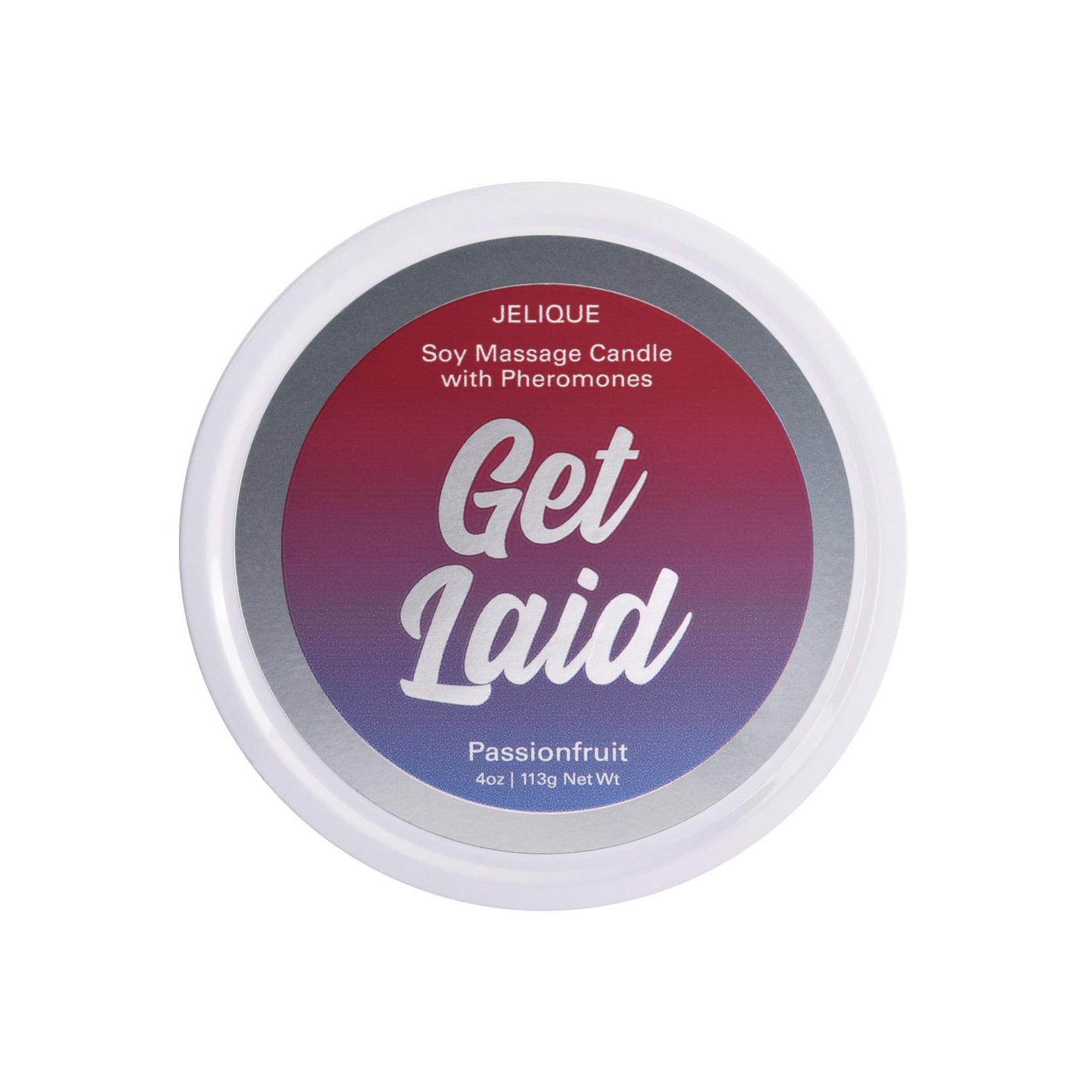 Round tin of Jelique Massage Candle with soy and pheromones in Get Laid gradient colors (purple to red), vegan-friendly, passionfruit-scented, doubles as a pheromone-infused massage oil. Weighs 4oz (113g).