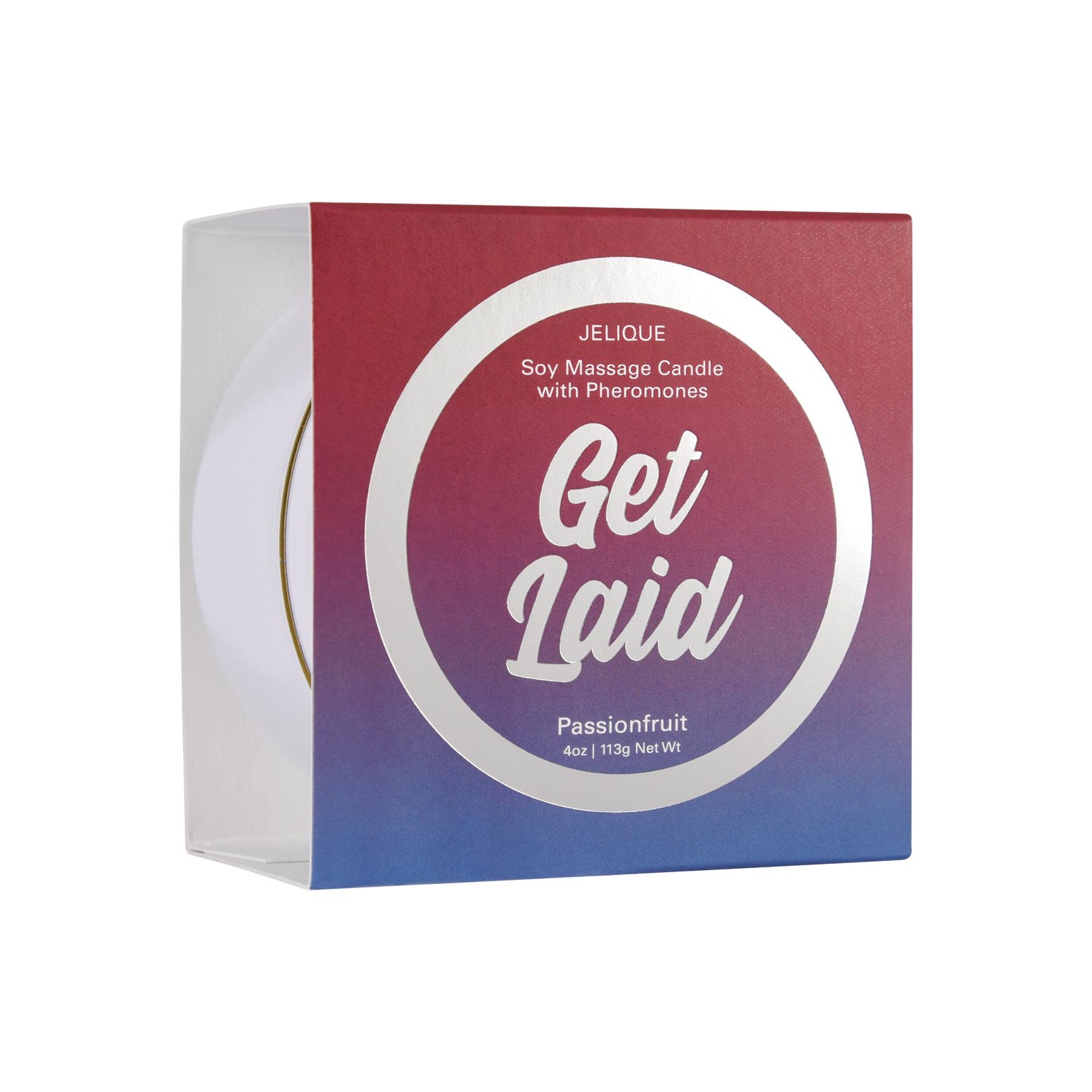 The Jelique Massage Candle, 4 oz Get Laid Passion Fruit, is a boxed, vegan-friendly soy candle infused with pheromones. Its packaging has a red-to-blue gradient and a circular Get Laid label. This passionfruit-scented candle is perfect for setting the mood.