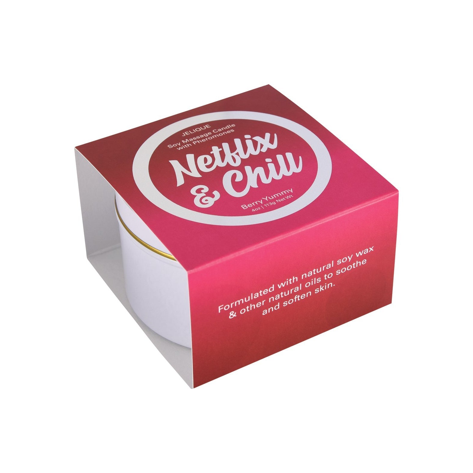 The Jelique Massage Candle, Netflix & Chill Berry Yummy, is vegan-friendly with soy wax and oils. This red and white package reveals a white container with a gold rim.