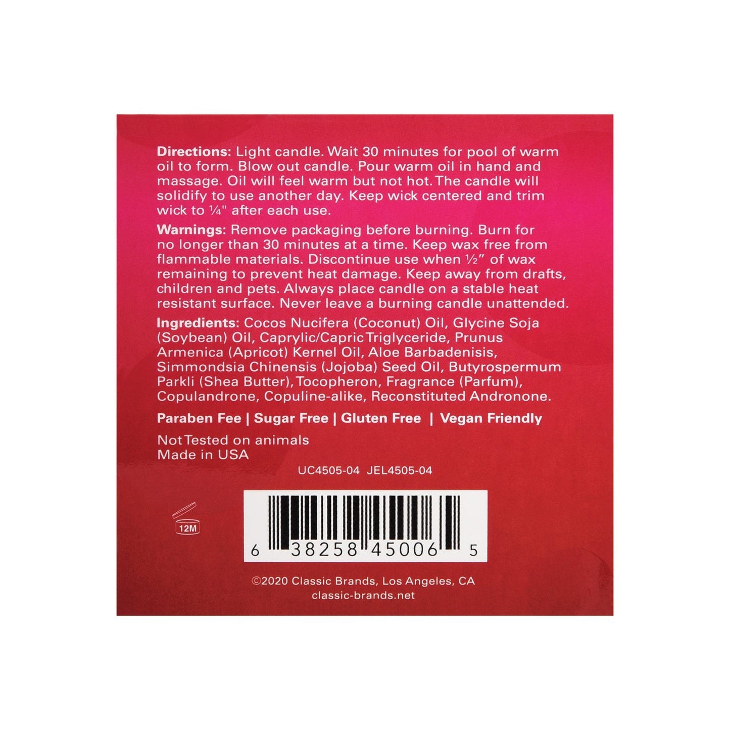 The image features the back of Jeliques Netflix & Chill Berry Yummy Massage Candle package, showing instructions, warnings, and ingredients. Labeled Sugar Free, Gluten Free, and Not Tested on Animals, this vegan-friendly soy candle is made in the USA for a soothing experience.