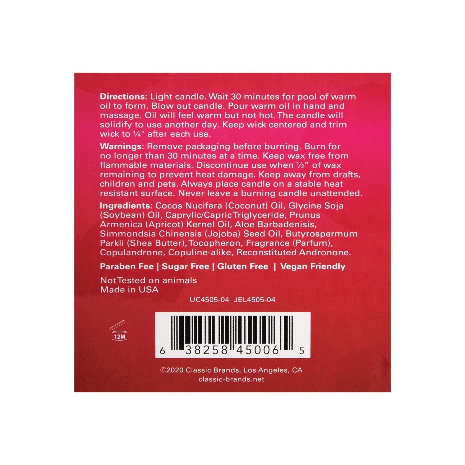 The image features the back of Jeliques Netflix & Chill Berry Yummy Massage Candle package, showing instructions, warnings, and ingredients. Labeled Sugar Free, Gluten Free, and Not Tested on Animals, this vegan-friendly soy candle is made in the USA for a soothing experience.