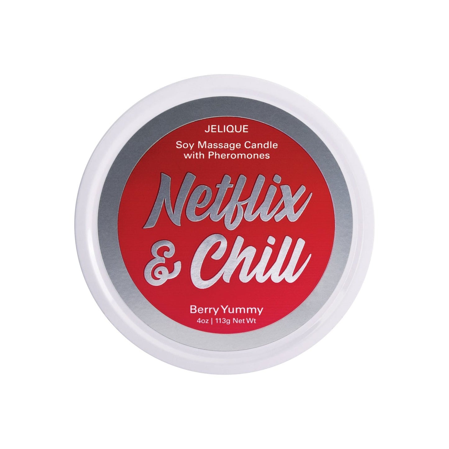 A round tin with a red label highlights the vegan-friendly Jelique Massage Candle, Netflix & Chill Berry Yummy. This 4oz scented soy massage oil candle has a silver border, enhancing relaxation with its pheromone-infused allure.