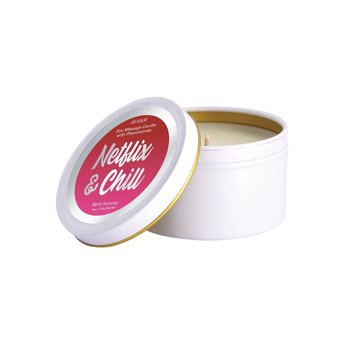 The Jelique Massage Candle, 4 oz Netflix & Chill Berry Yummy, features a soy-based vegan formula with a pink and red label. This cream-colored candle in a white tin is infused with pheromones and offers a berry scent for relaxation and allure.