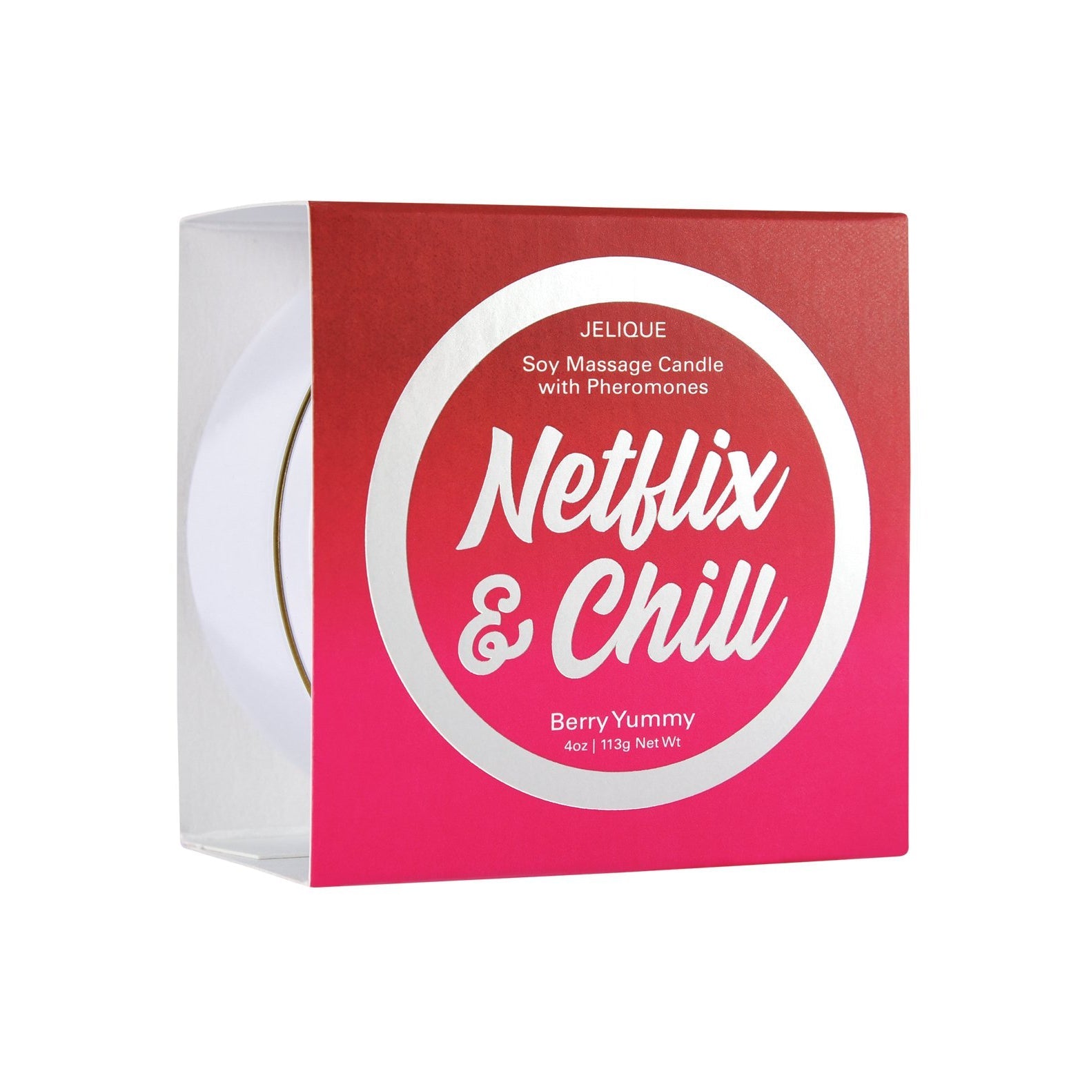 A red and pink box labeled Jelique Massage Candle - 4 oz Netflix & Chill Berry Yummy contains a vegan-friendly, scented soy massage oil candle with pheromones in a Berry Yummy scent, weighing 4 oz / 113g.