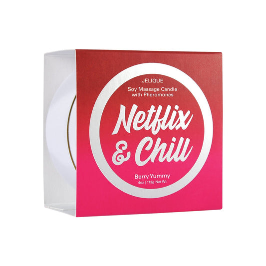 A red and pink box labeled Jelique Massage Candle - 4 oz Netflix & Chill Berry Yummy contains a vegan-friendly, scented soy massage oil candle with pheromones in a Berry Yummy scent, weighing 4 oz / 113g.