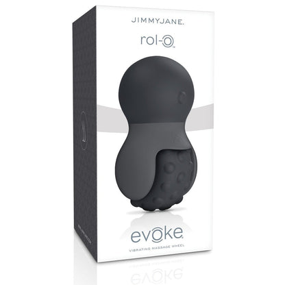 The Jimmyjane Evoke Rol-o - Black is presented in sleek packaging, featuring a predominantly grey and white box with an image of the black and grey massage wheel on the front, ideal for a sensual massage experience.