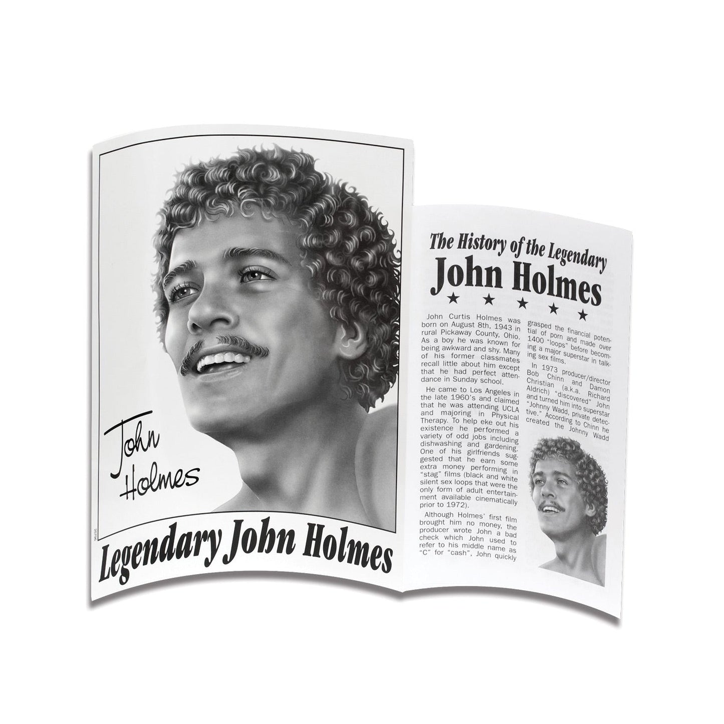 A grayscale brochure displays a portrait of a young man with curly hair and a mustache. Titled Legendary John Holmes, the text on the opposite page explores The History of the Legendary John Holmes, referencing his iconic Doc Johnson product, the John Holmes 12 Ultraskyn Cock.