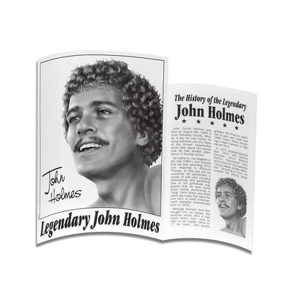 A grayscale brochure displays a portrait of a young man with curly hair and a mustache. Titled Legendary John Holmes, the text on the opposite page explores The History of the Legendary John Holmes, referencing his iconic Doc Johnson product, the John Holmes 12 Ultraskyn Cock.