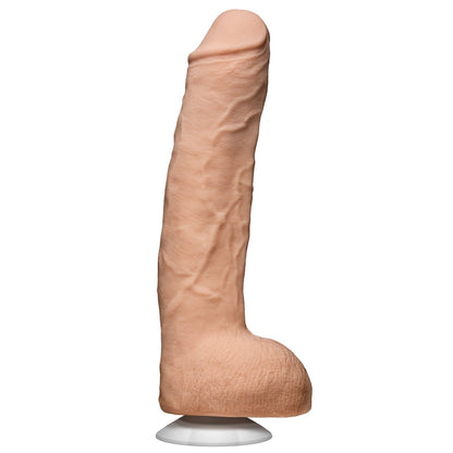 The John Holmes 12 Ultraskyn Cock by Doc Johnson stands upright with a suction cup, featuring a flesh-toned color and detailed texture for realism, offering an authentic and versatile addition to your collection.