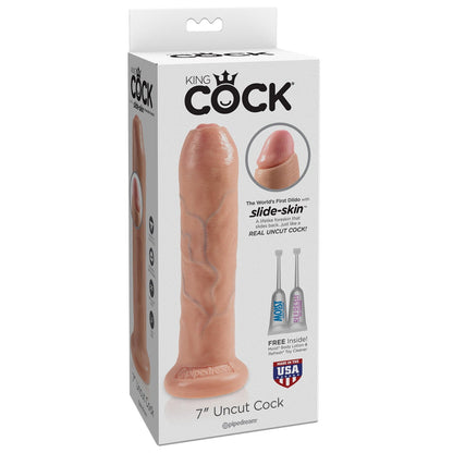 The King Cock 7 Uncut Gay Dildo by Pipedream includes a realistic 7-inch uncut dildo made from slide-skin material with lifelike movable foreskin, bonus accessories, and a strong suction cup base. Made in the USA.