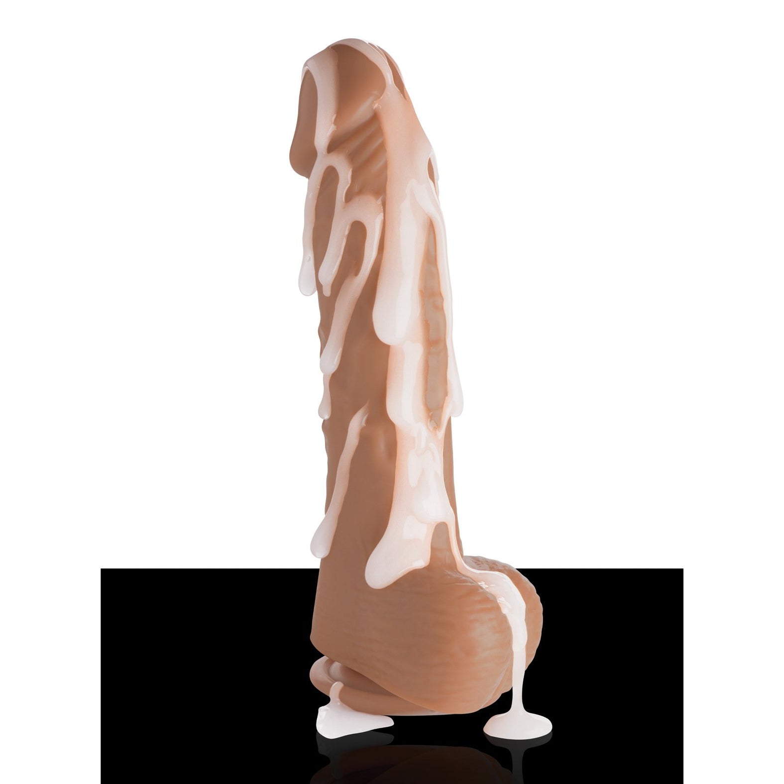 The Loadz 8.5 Squirting Dildo by Loadz features an anatomically detailed design, draped in melting white wax, set against a minimalist backdrop.