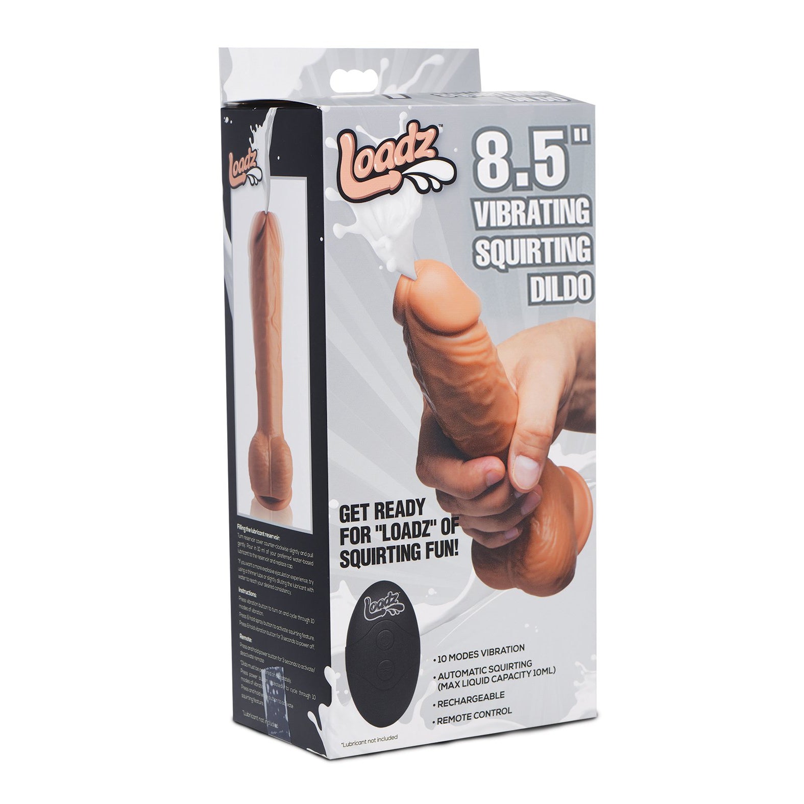 The image features the Loadz LDZ 8.5\ Squirting Dildo packaging, highlighting benefits like 10 vibration modes, automatic squirting, rechargeable capability, remote control use, and playful slogans promising squirt-tastic excitement.
