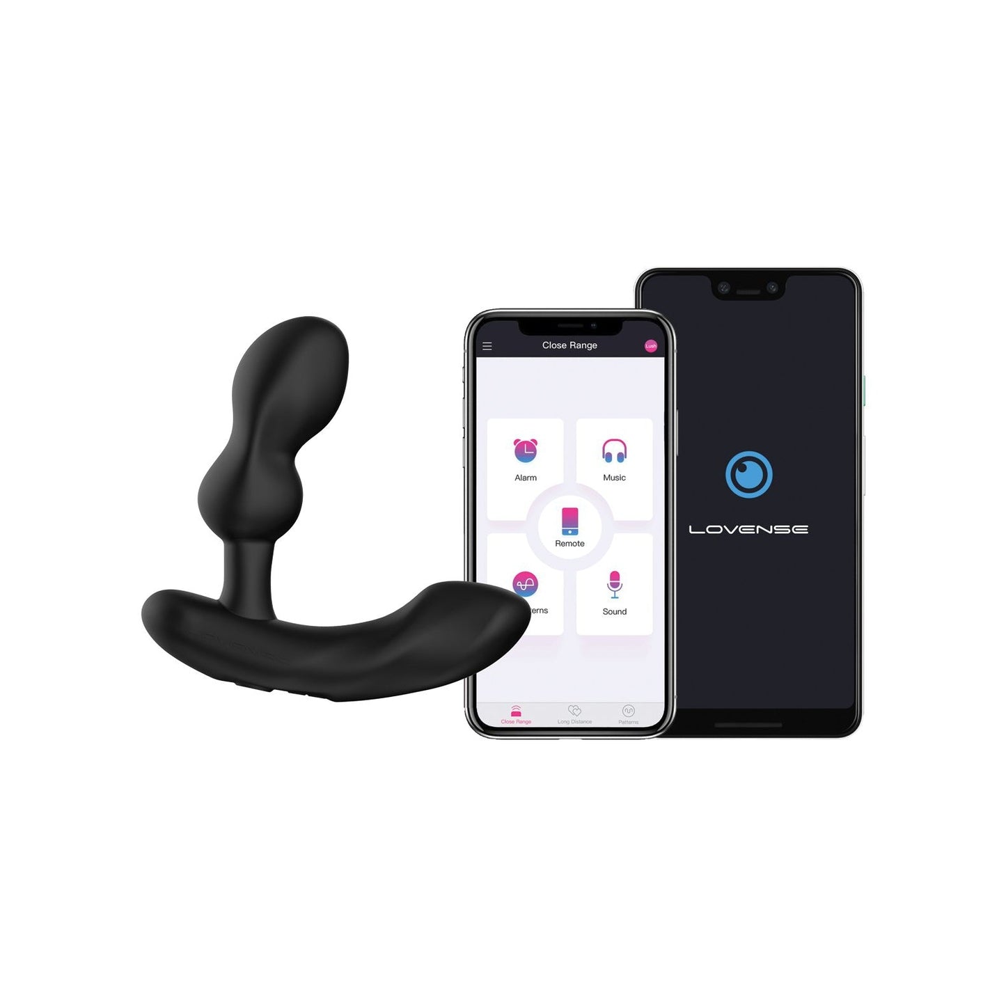 A black, curved Lovense device is shown next to two smartphones. One displays a control app for managing the Lovense Edge 2 Flexible Prostate Massager with options like alarm and music, while the other shows a blue circular logo hinting at intense P-spot stimulation.