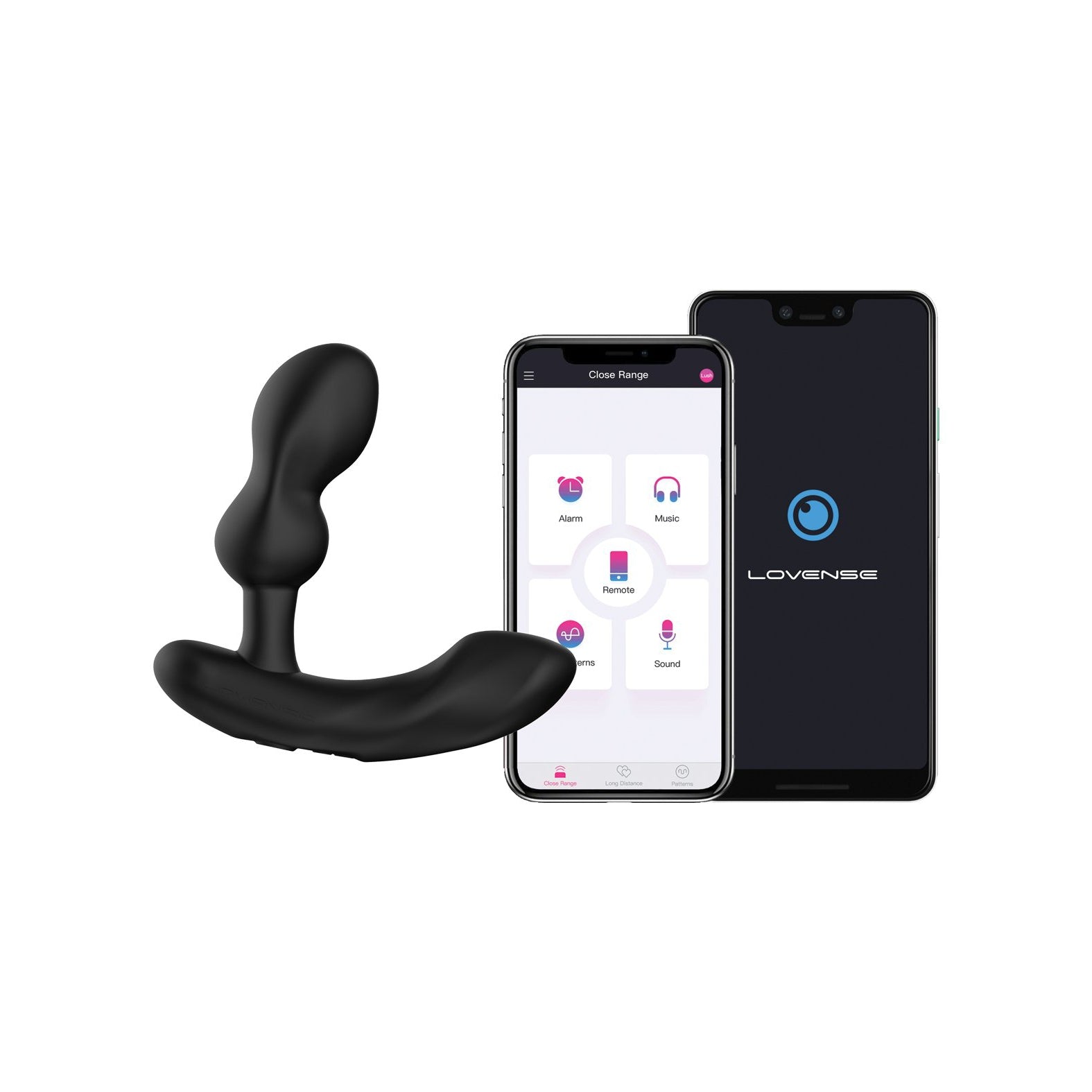 A black, curved Lovense device is shown next to two smartphones. One displays a control app for managing the Lovense Edge 2 Flexible Prostate Massager with options like alarm and music, while the other shows a blue circular logo hinting at intense P-spot stimulation.