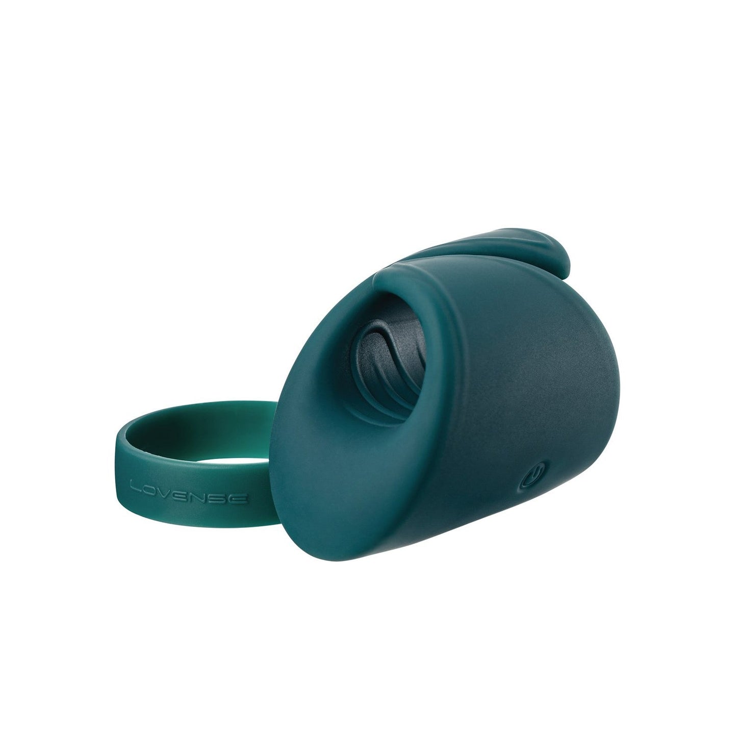 The Lovense Gush Handsfree Masturbator is a teal-colored, egg-shaped electronic device with a detachable ring accessory. It features a small power button and is USB rechargeable, app-controlled, and designed for personal use.