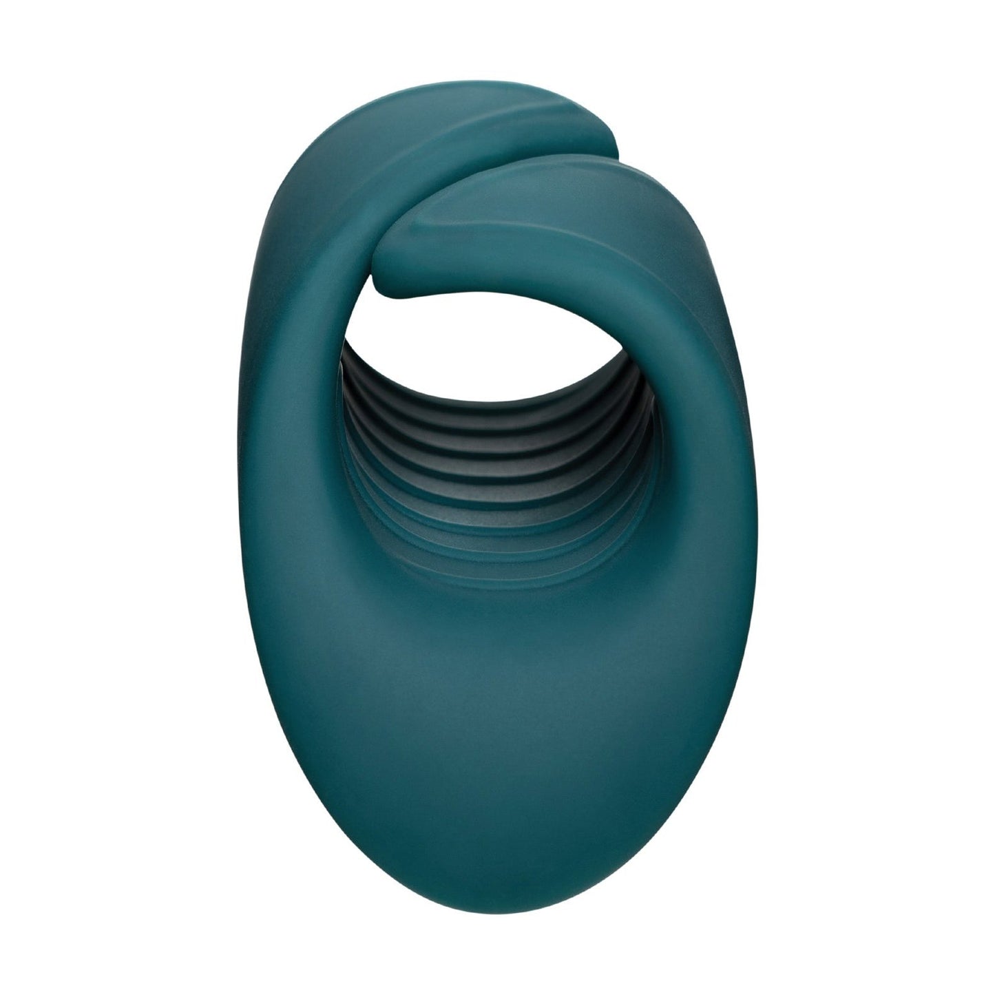 Lovense Gush Handsfree Masturbator by Lovense is a teal silicone ring with a smooth outer surface and textured inner lining, designed ergonomically for hands-free glans massage.