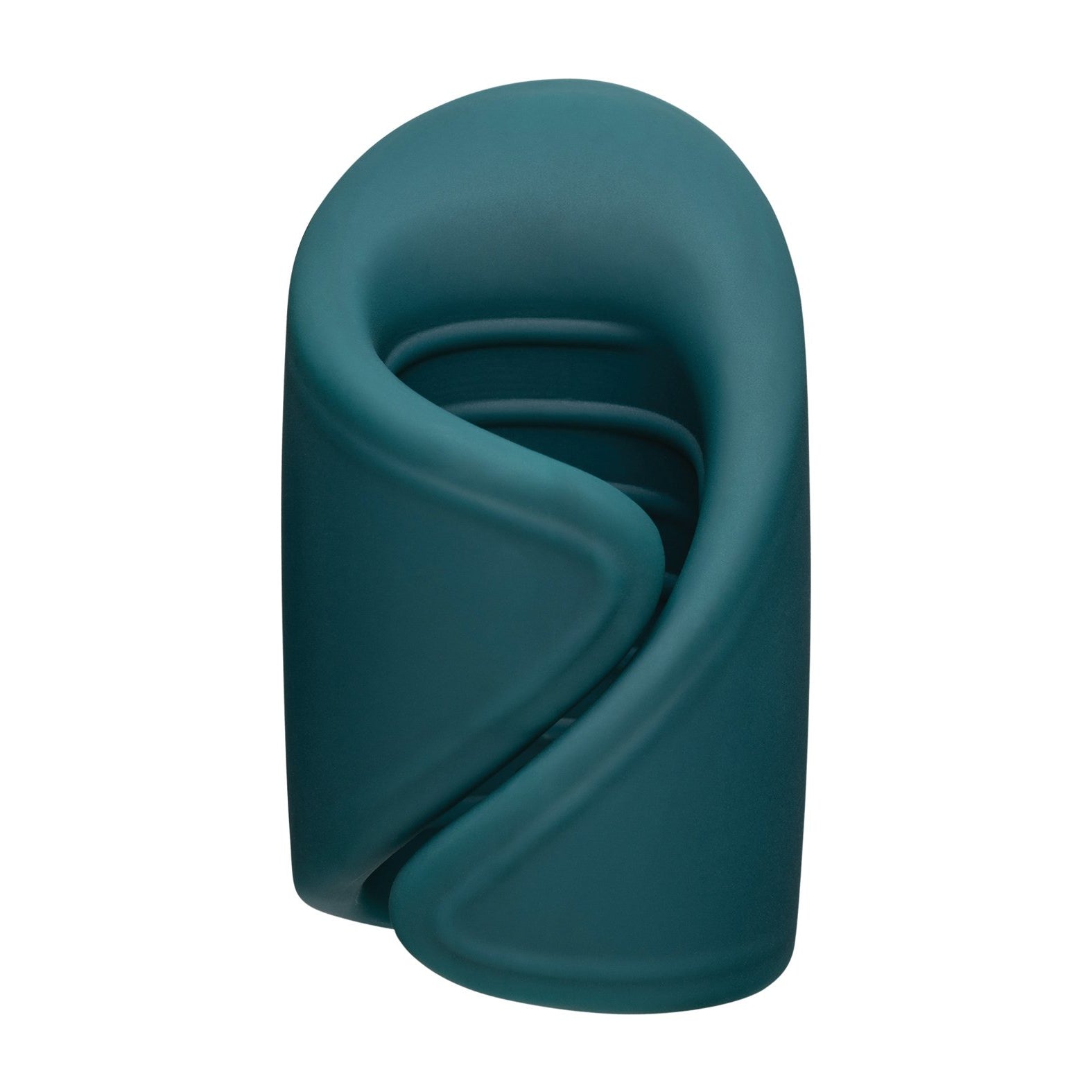 The Lovense Gush Handsfree Masturbator is a sleek, modern device featuring a dark green design that resembles twisted fabric. Its USB rechargeable capabilities highlight its innovative form, blending artistry with contemporary technology.