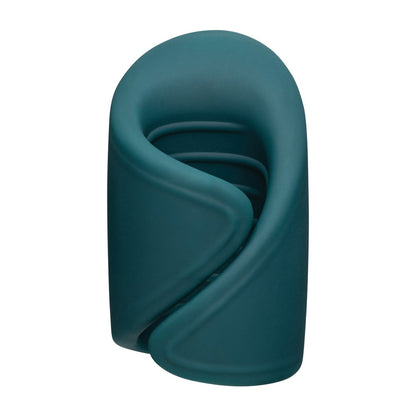 The Lovense Gush Handsfree Masturbator is a sleek, modern device featuring a dark green design that resembles twisted fabric. Its USB rechargeable capabilities highlight its innovative form, blending artistry with contemporary technology.