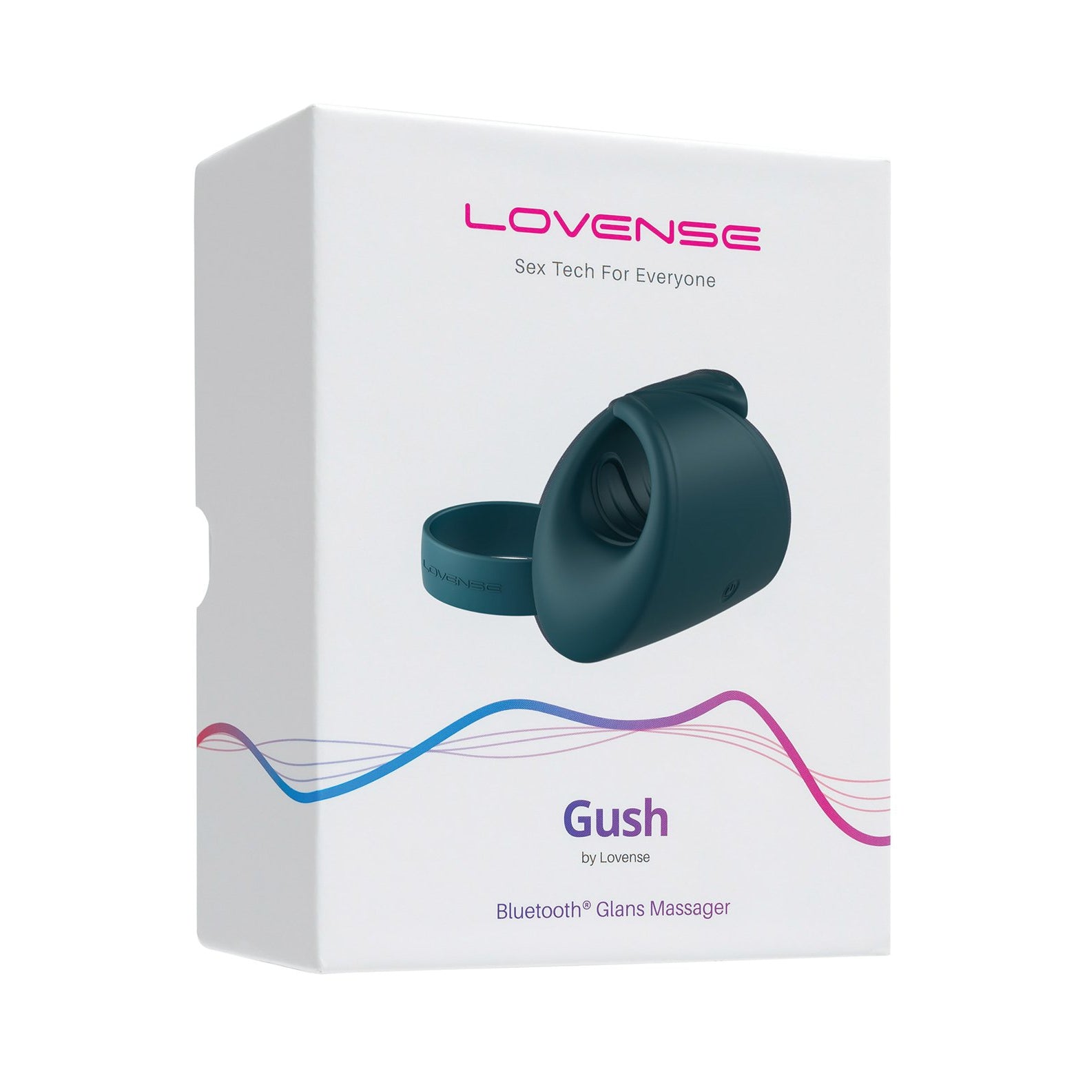 The Lovense Gush Handsfree Masturbator, a Bluetooth, USB rechargeable device, comes in stylish packaging with white, pink, and purple accents. The box showcases the dark teal glans massager and emphasizes its hands-free design and app control under the tagline Sex Tech For Everyone.