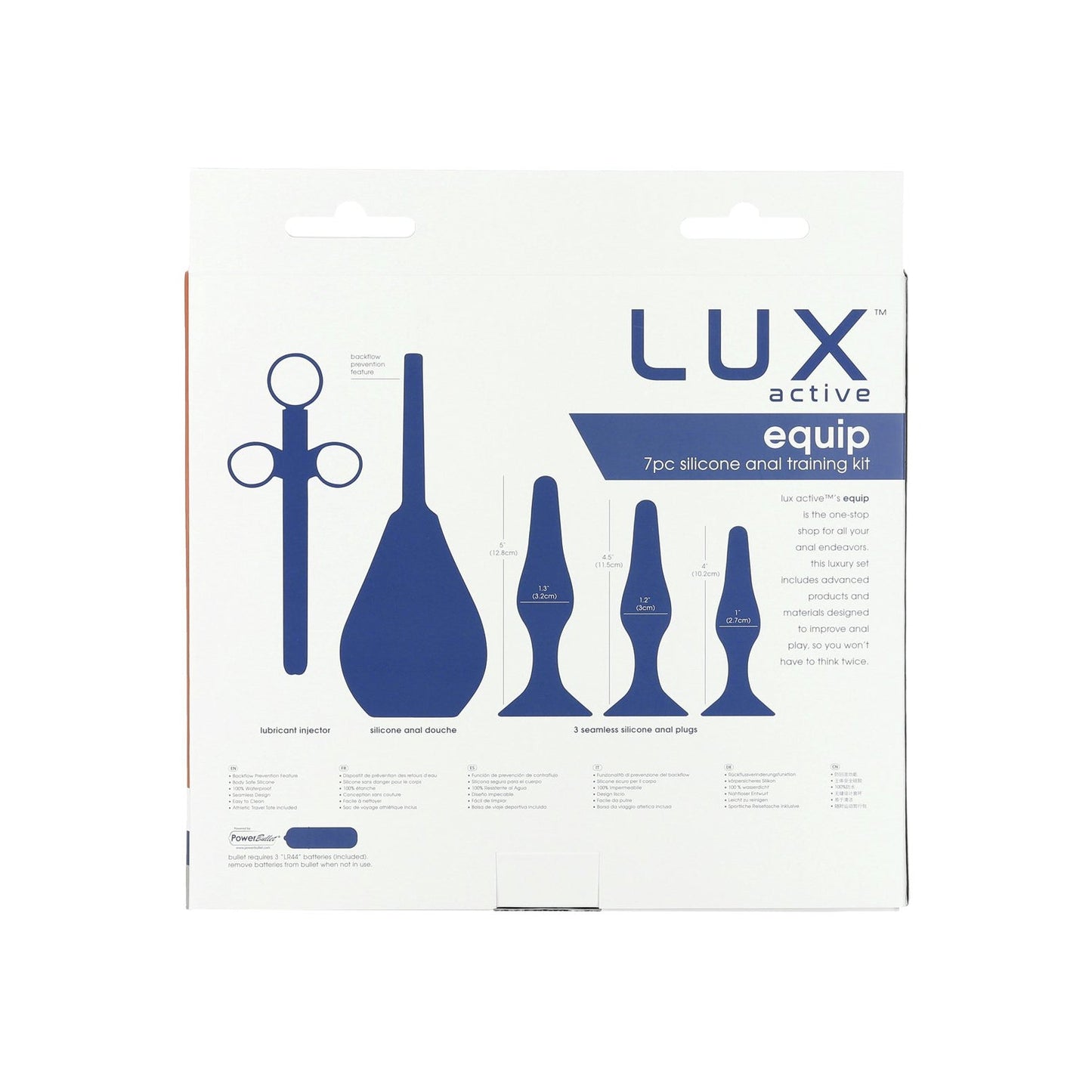 The Lux Active Equip Silicone Anal Training Kit by LUX is a 7-piece set featuring silicone anal plugs and an anal douche. The packaging details usage tips in blue and gray text, including guidance on lubricant application for optimal use.