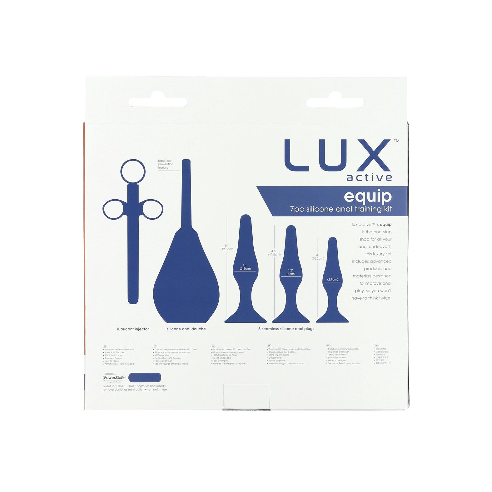 The Lux Active Equip Silicone Anal Training Kit by LUX is a 7-piece set featuring silicone anal plugs and an anal douche. The packaging details usage tips in blue and gray text, including guidance on lubricant application for optimal use.