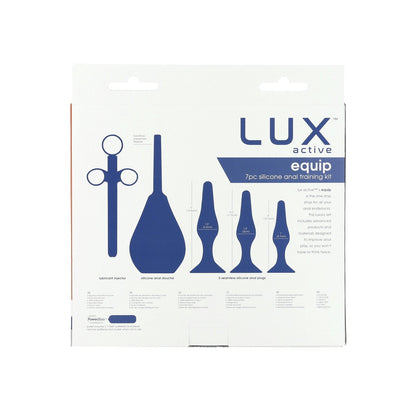 The Lux Active Equip Silicone Anal Training Kit by LUX is a 7-piece set featuring silicone anal plugs and an anal douche. The packaging details usage tips in blue and gray text, including guidance on lubricant application for optimal use.