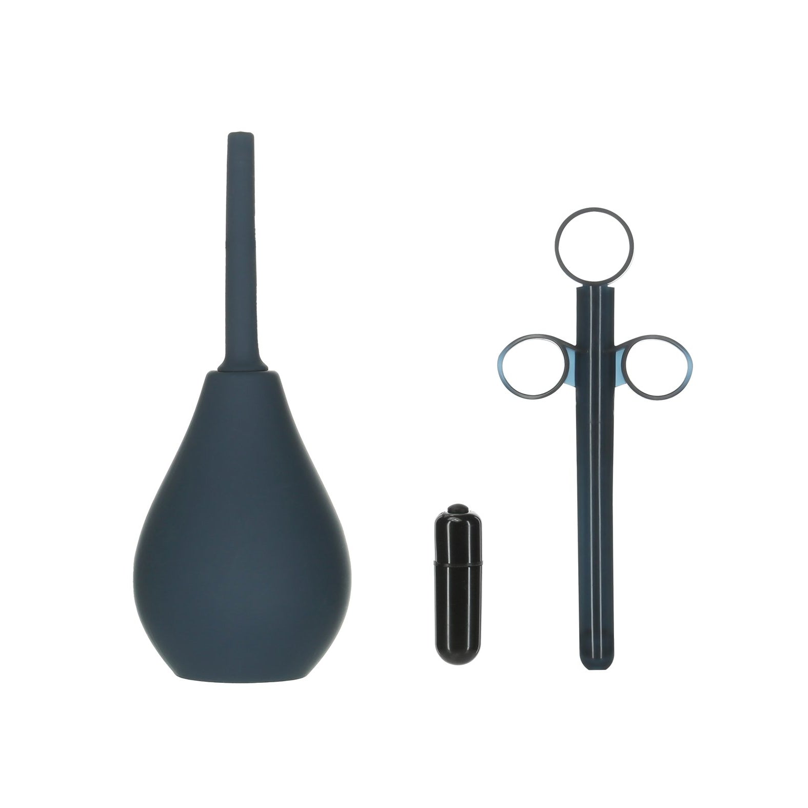A black enema bulb, black capsule, and pair of black surgical scissors with circular grips lie neatly on a white background, suggesting the precise preparation and use of the Lux Active Equip Silicone Anal Training Kit by LUX.