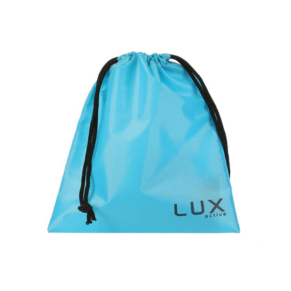 A blue drawstring bag features black strings and the text LUX with active at the bottom right corner. Its lightweight design is ideal for discreetly carrying items, such as those from the Lux Active Equip Silicone Anal Training Kit.