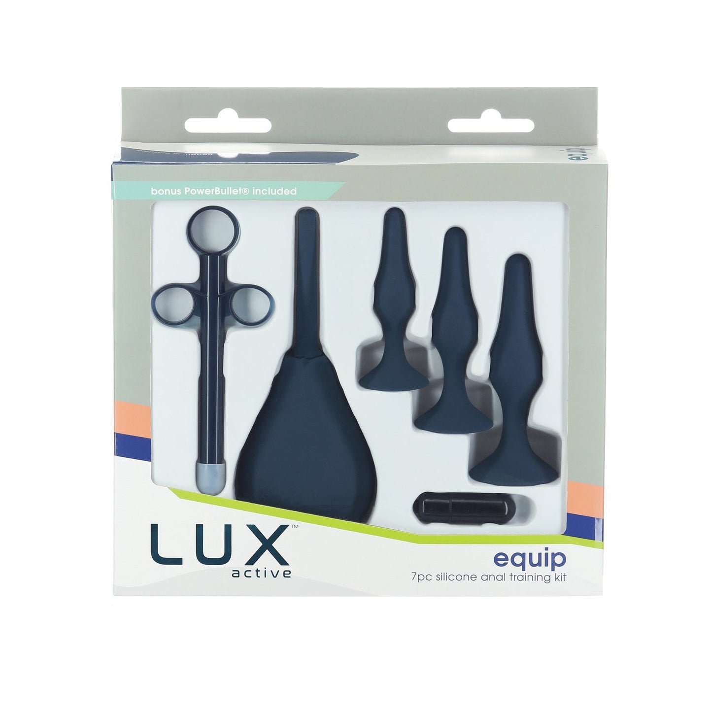 The Lux Active Equip Silicone Anal Training Kit by LUX includes a 7-piece silicone set ideal for beginners, featuring three tapered plugs of various sizes, scissors-shaped handles for easy lubricant application, and a bonus PowerBullet.