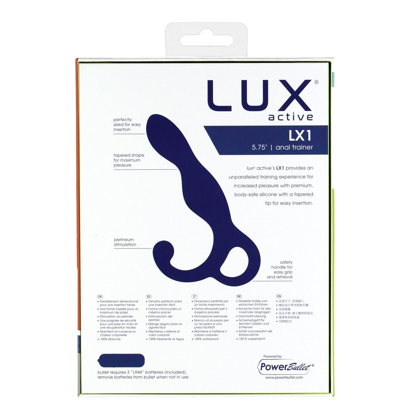 The LUX Active LX1 Silicone Anal Trainer packaging showcases its sleek silhouette and details features like size and material. Designed to enhance sexual pleasure, it provides effective perineum stimulation for an unparalleled experience.