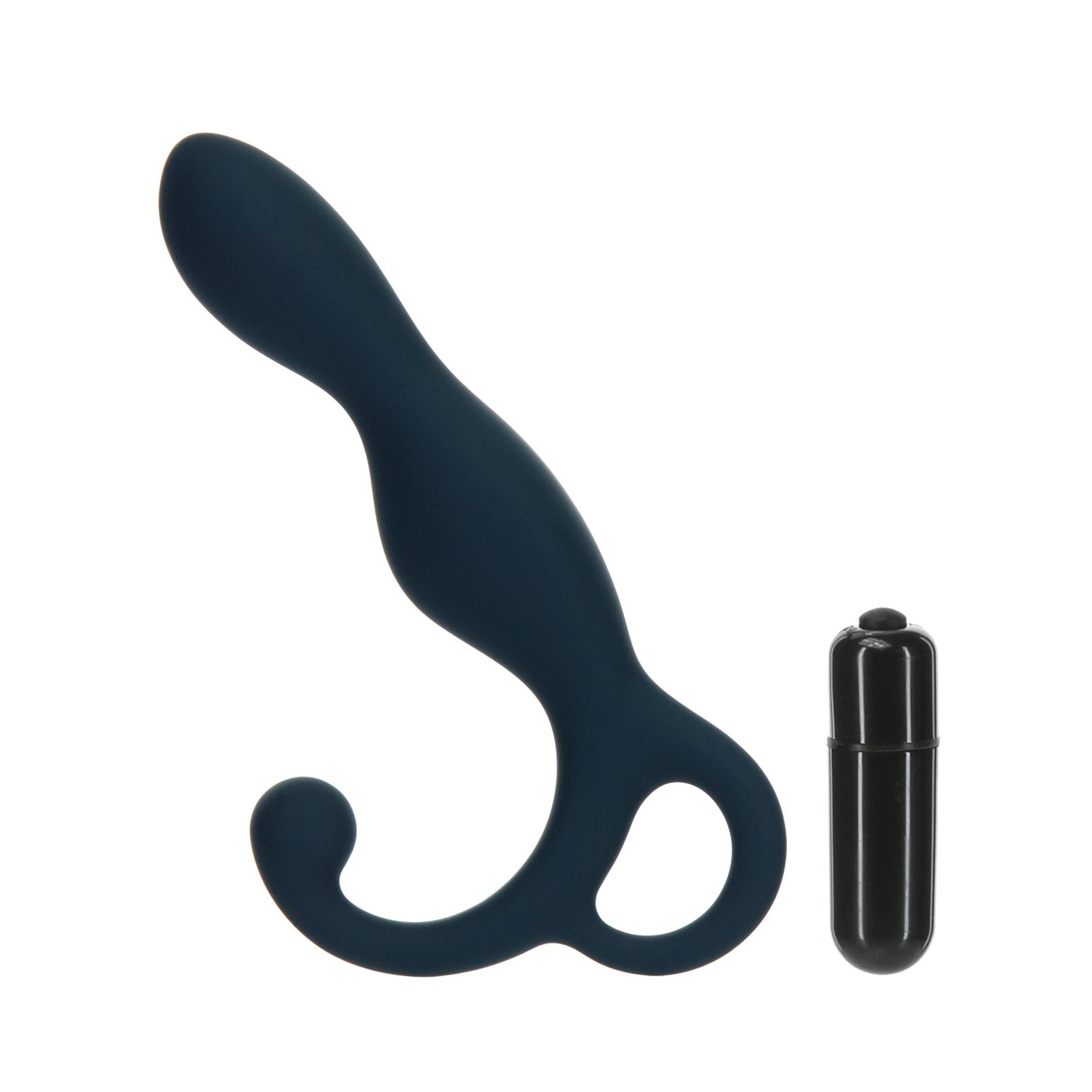 The Lux Active LX1 Silicone Anal Trainer by LUX, a black curved prostate massager for perineum stimulation, is elegantly placed next to a small black bullet vibrator against a plain white background.