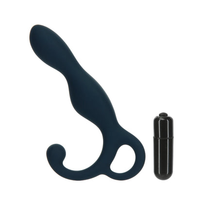 The Lux Active LX1 Silicone Anal Trainer by LUX, a black curved prostate massager for perineum stimulation, is elegantly placed next to a small black bullet vibrator against a plain white background.