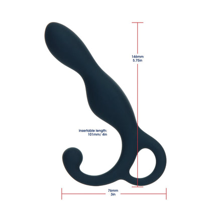 The Lux Active LX1 Silicone Anal Trainer by LUX is a black prostate massager designed to stimulate the perineum. It features a curved design with an insertable length of 101mm, total length of 146mm, and a width of 76mm to enhance pleasure and serve as an effective anal trainer.
