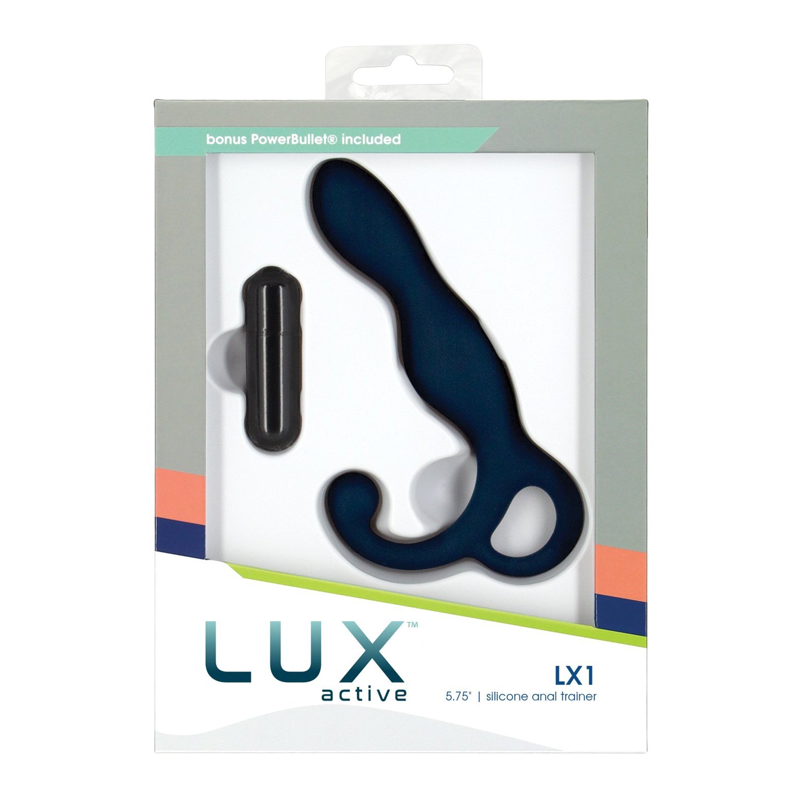 The Lux Active LX1 Silicone Anal Trainer by LUX includes a black curved trainer and small bullet vibrator, designed for enhanced pleasure. Its sleek design with blue and orange accents is perfect for those who enjoy perineum stimulation.