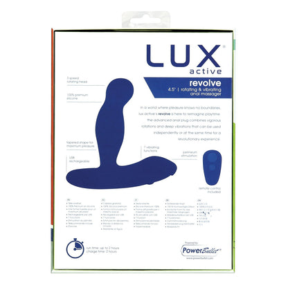 The Lux Active Revolve 4.5 Rotating & Vibrating Anal Massager packaging highlights its anal massager features such as a rotating head, three speeds, and 100% premium silicone. It includes a product image and easy-to-use remote control from the LUX brand for maximum pleasure.