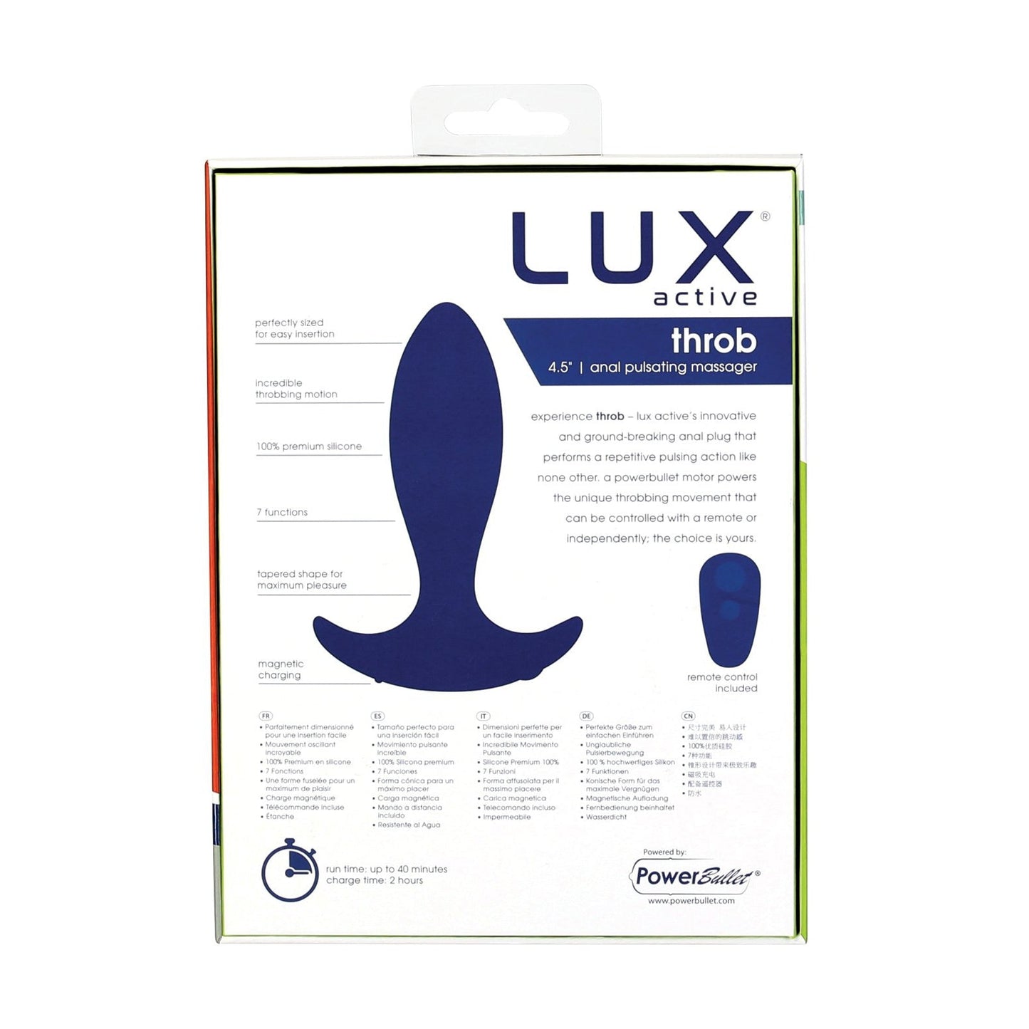 The LUX Active Throb Anal Vibrating Massager With Remote is highlighted on the packaging with an enticing image of the 4.5 premium silicone plug and its sleek remote control, featuring 7 functions for an unparalleled experience.