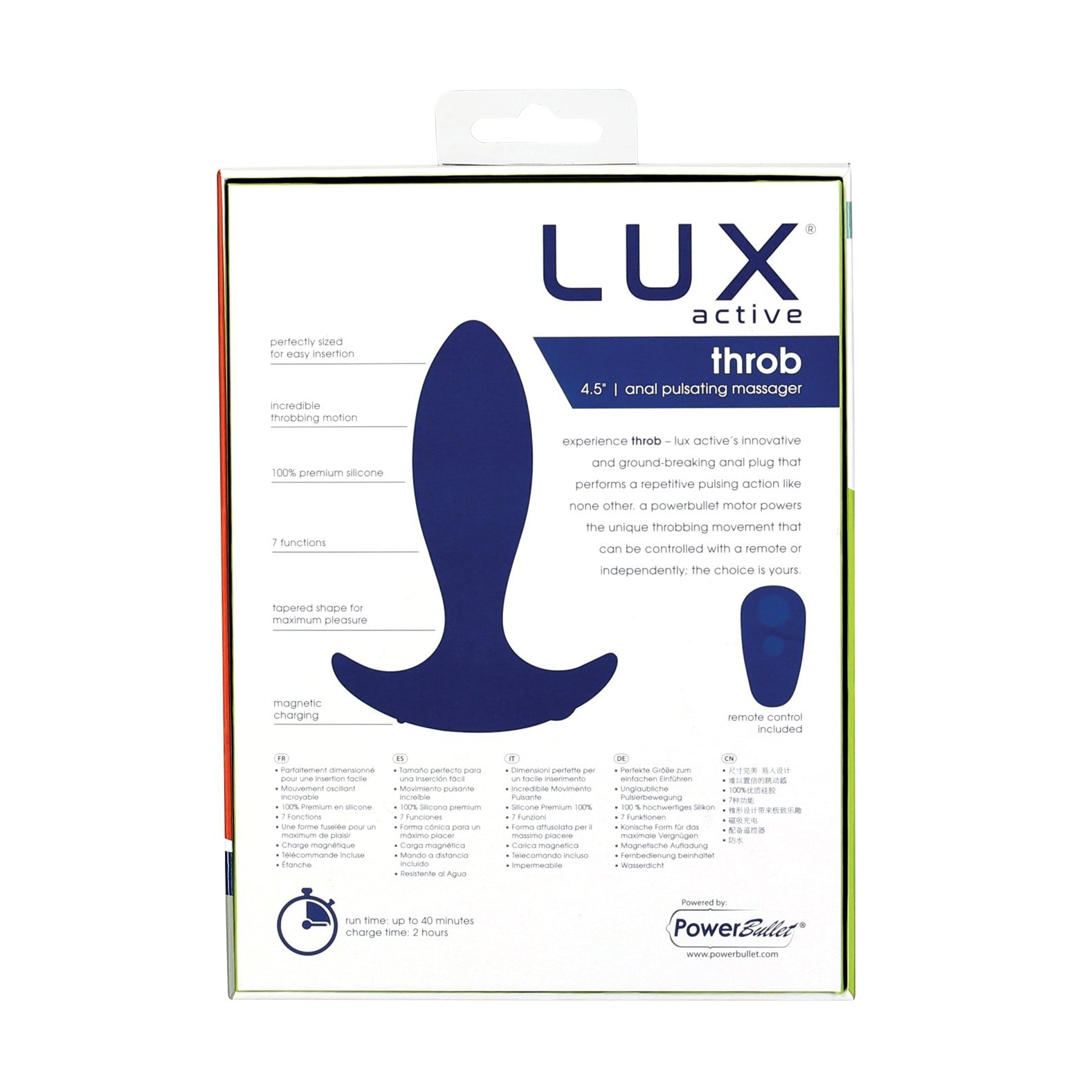 The LUX Active Throb Anal Vibrating Massager With Remote is highlighted on the packaging with an enticing image of the 4.5 premium silicone plug and its sleek remote control, featuring 7 functions for an unparalleled experience.