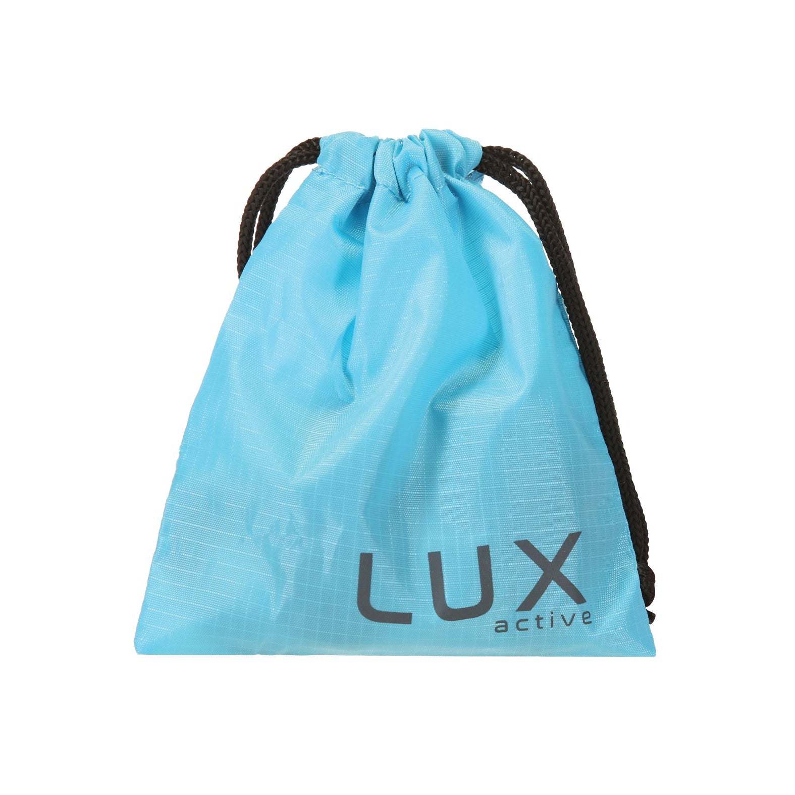 A light blue drawstring bag with black cords showcases LUX active in gray. Its slightly crinkled texture makes it perfect for discretely carrying essentials like the Lux Active Throb Anal Vibrating Massager With Remote.
