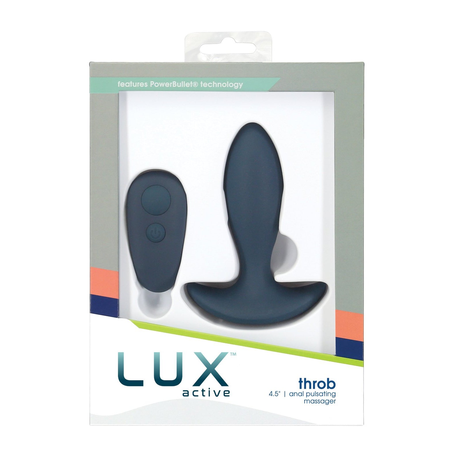 A sleek image of the LUX Active product, Throb, showcasing a 4.5 silicone anal vibrating massager in elegant light gray and white packaging, features the device alongside its intuitive wireless remote control for a seamless experience.