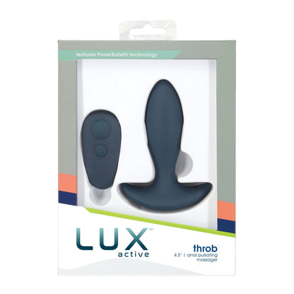 A sleek image of the LUX Active product, Throb, showcasing a 4.5 silicone anal vibrating massager in elegant light gray and white packaging, features the device alongside its intuitive wireless remote control for a seamless experience.